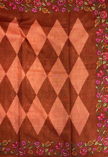 Tissue Linen Saree-Orange In Cross Stitch Floral Border