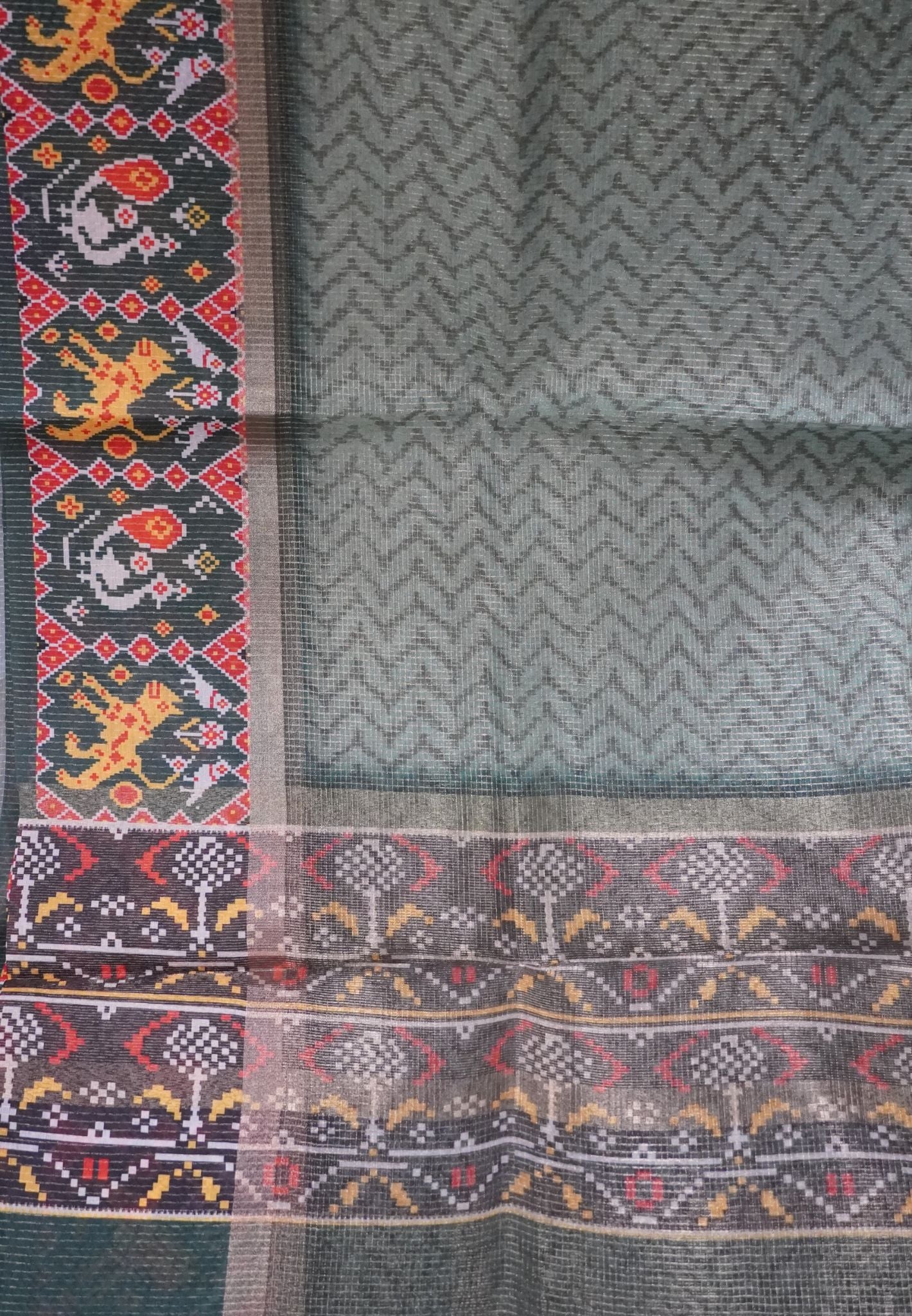 Tissue Saree-Green with Zari Checks