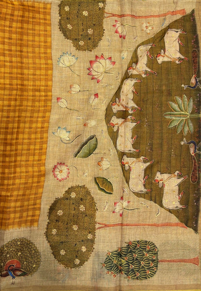 Tissue Linen Saree-Mustard in Pichwai Cow & Peacock Motif Border