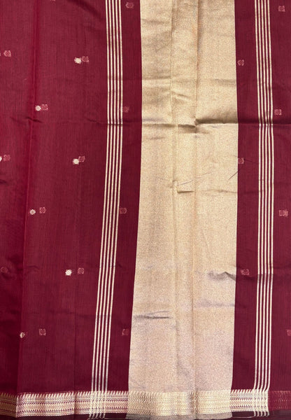 Handloom Cotton Saree-Maroon In Broad Plain Zari Border