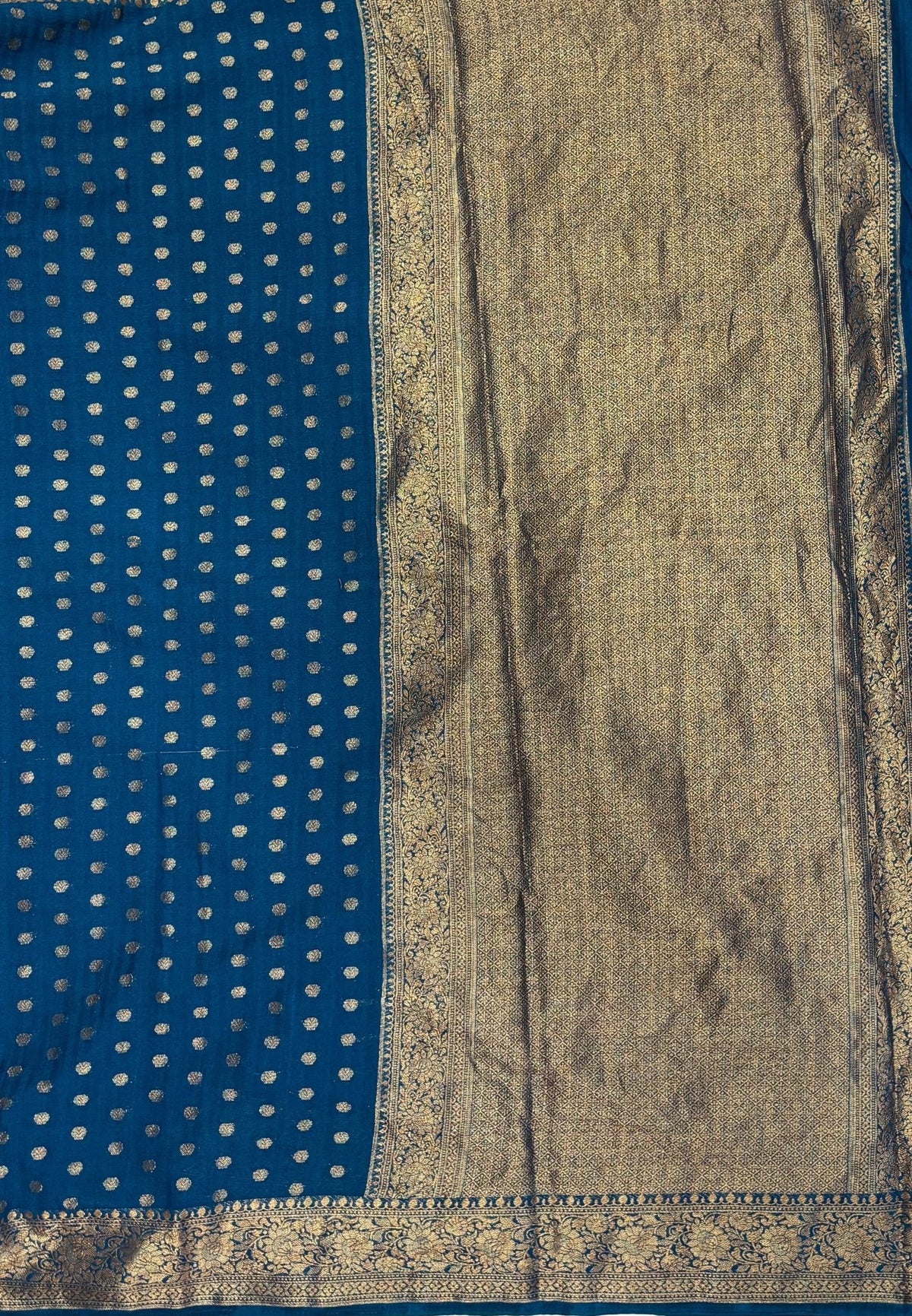 Banarasi Georgette Saree-Peacock Blue with Mini Leaf Butta and Zari Border