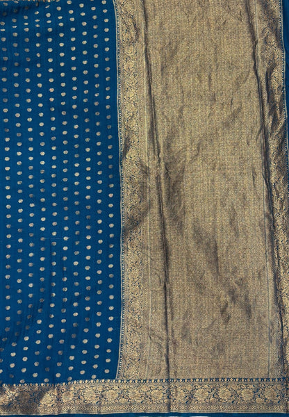 Banarasi Georgette Saree-Peacock Blue with Mini Leaf Butta and Zari Border