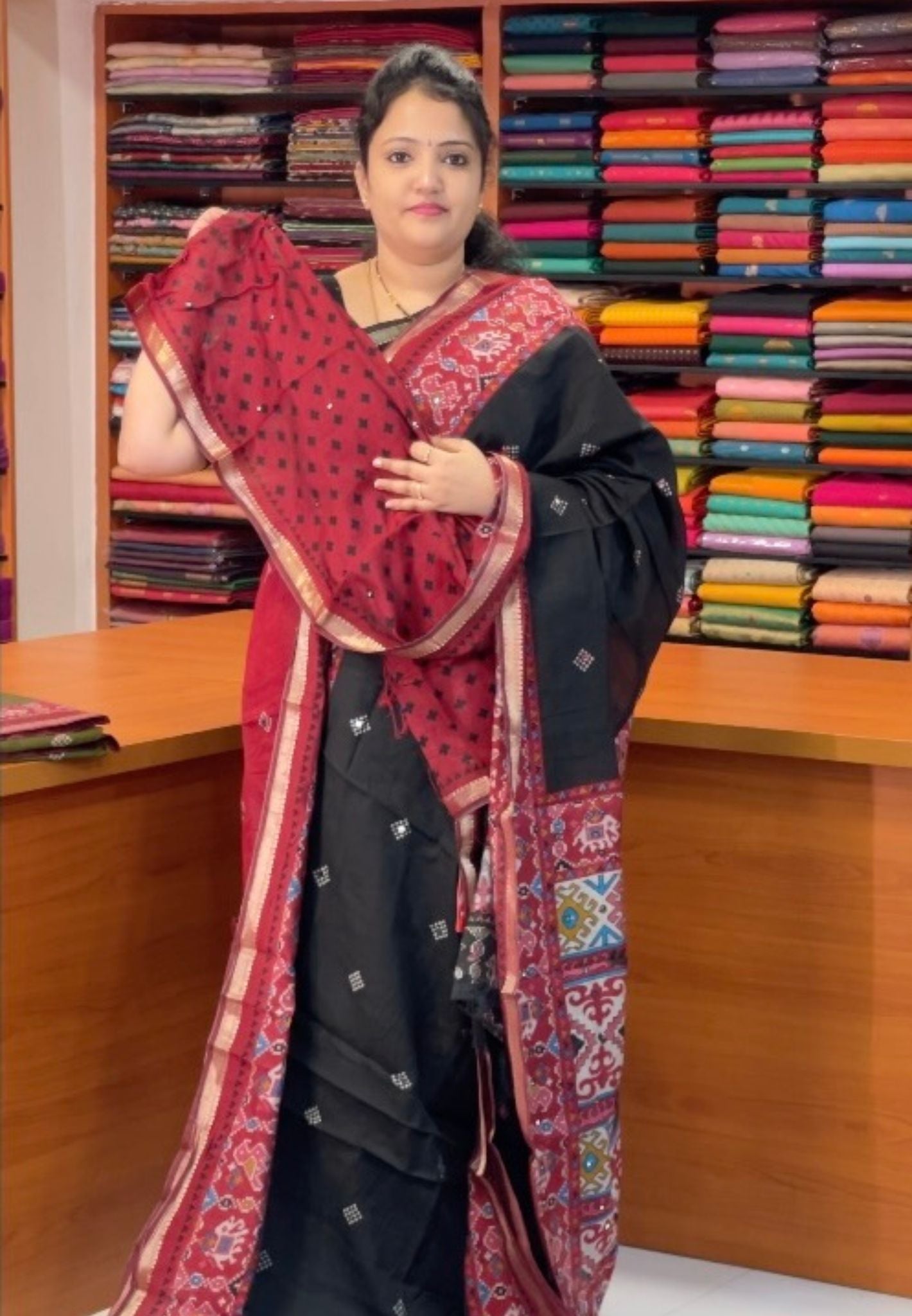 Malai Cotton Saree-Black with Contrast Pattola Border and Mirror Work