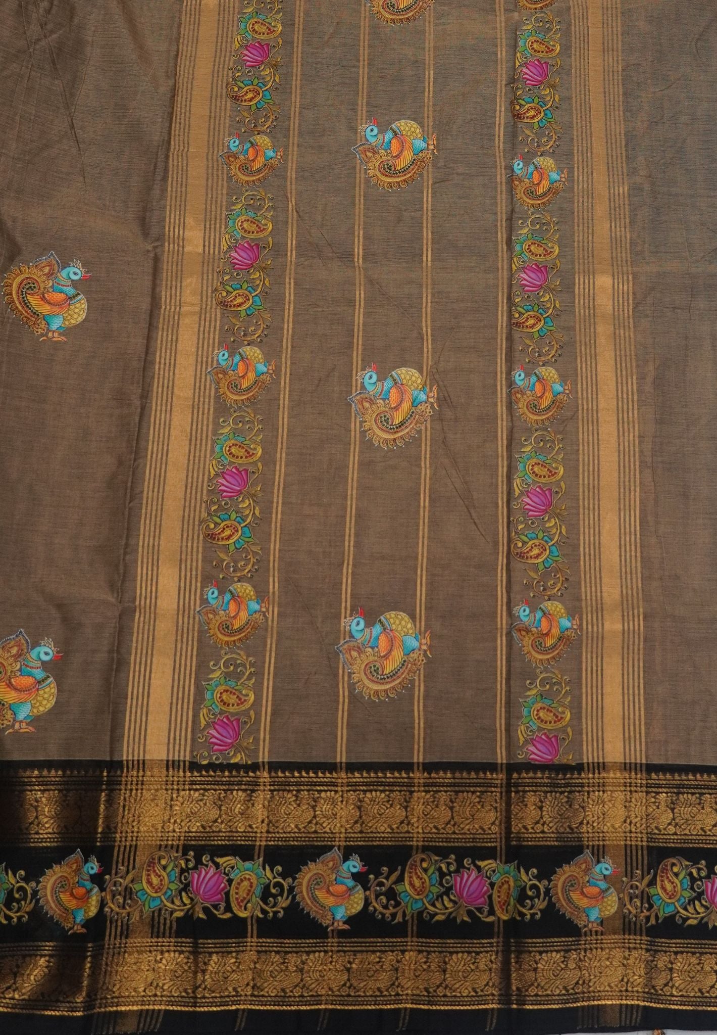 Chettinad Cotton Saree- Beige with Peacock Tanjore Print