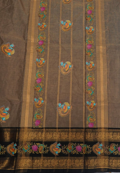Chettinad Cotton Saree- Beige with Peacock Tanjore Print