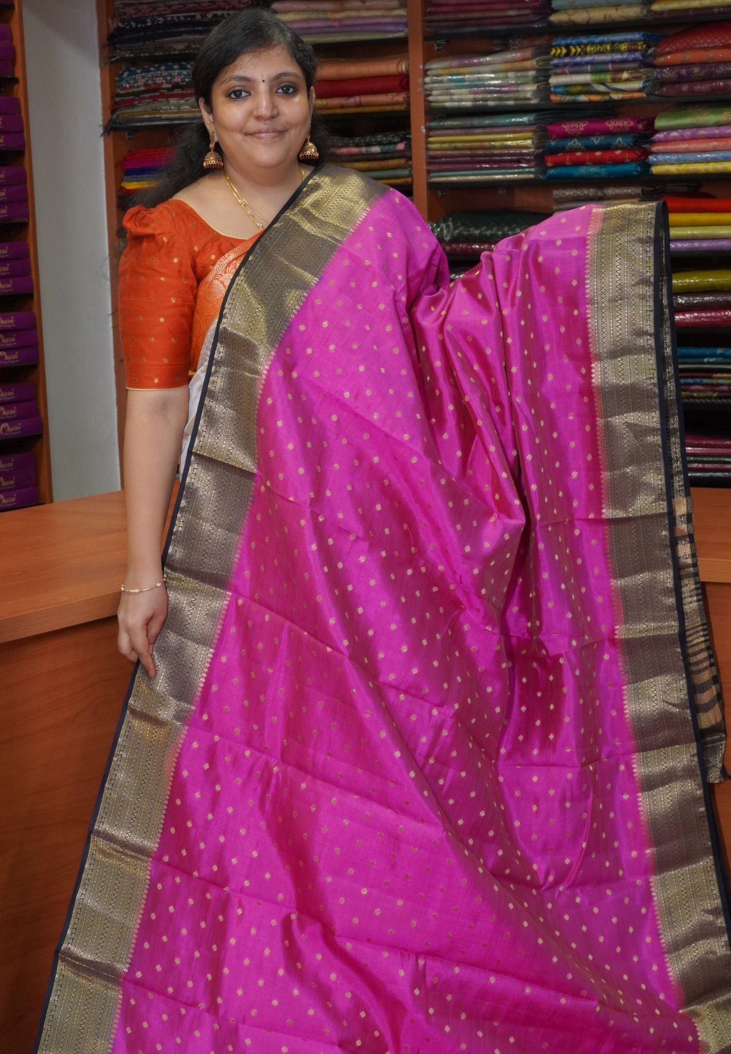 Semi Tussar Saree-Fuchsia with Diamond Butta