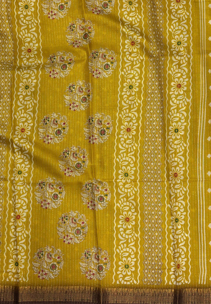 Semi Dola silk saree-Yellow with zari lines