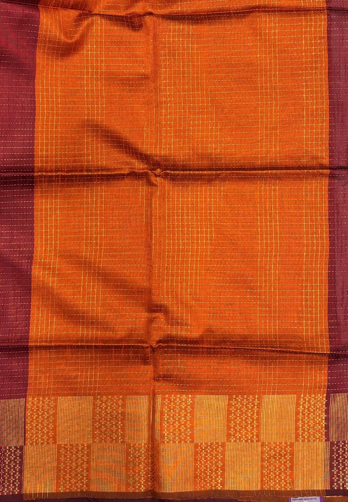 Semi Raw Silk Saree-Maroon In Checkered Zari With Contrast Border