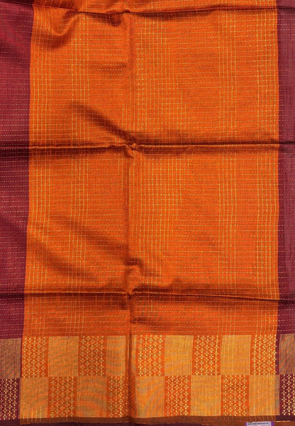 Semi Raw Silk Saree-Maroon In Checkered Zari With Contrast Border