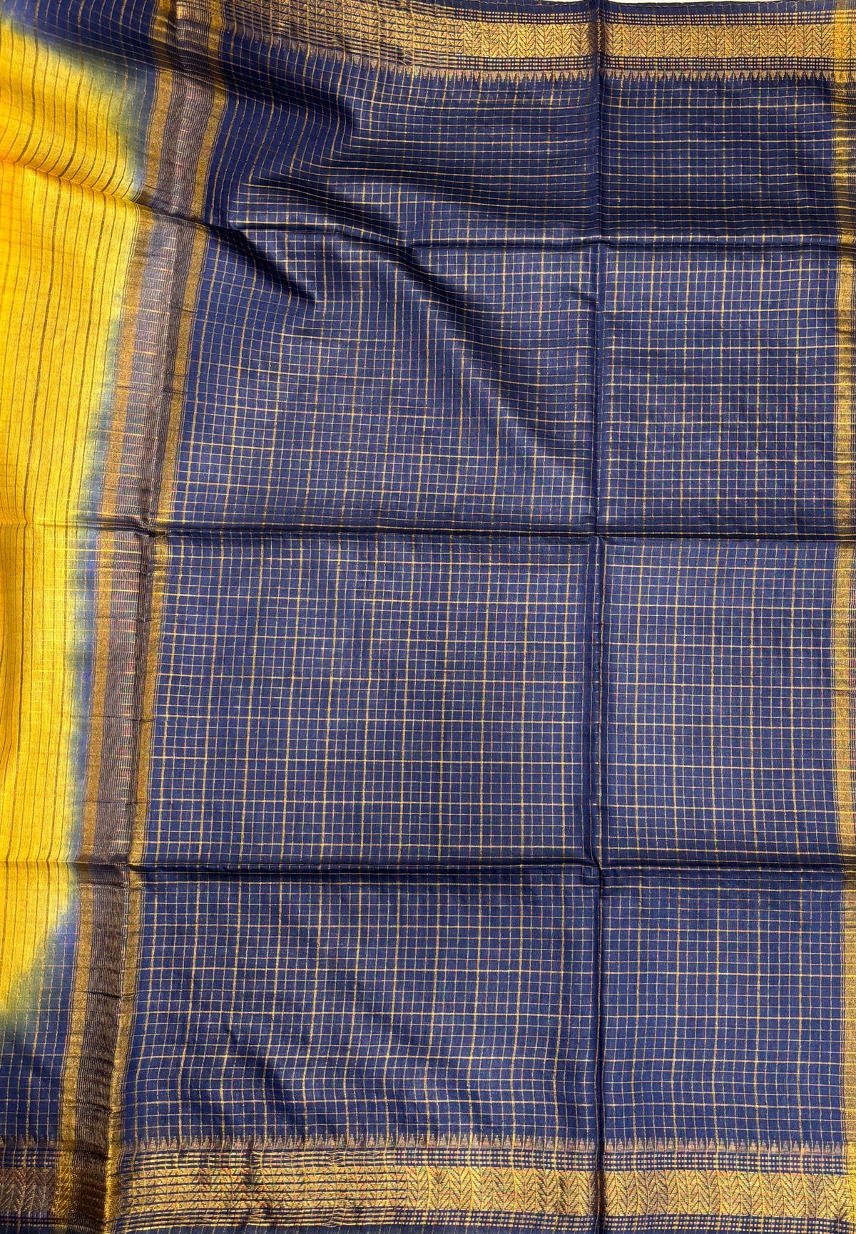 Semi Bhagalpur Tussar Saree-Yellow in Zari checks with Contrast Border