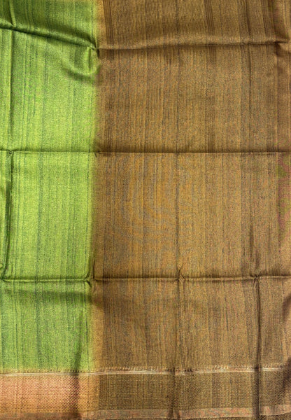 Matka Tussar Saree-Green in Classic Striped Zari with Contrast Border