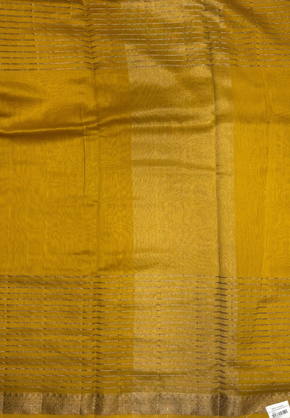 Semi Chinya Silk Saree-Mustard In Fine Stripe Zari Border