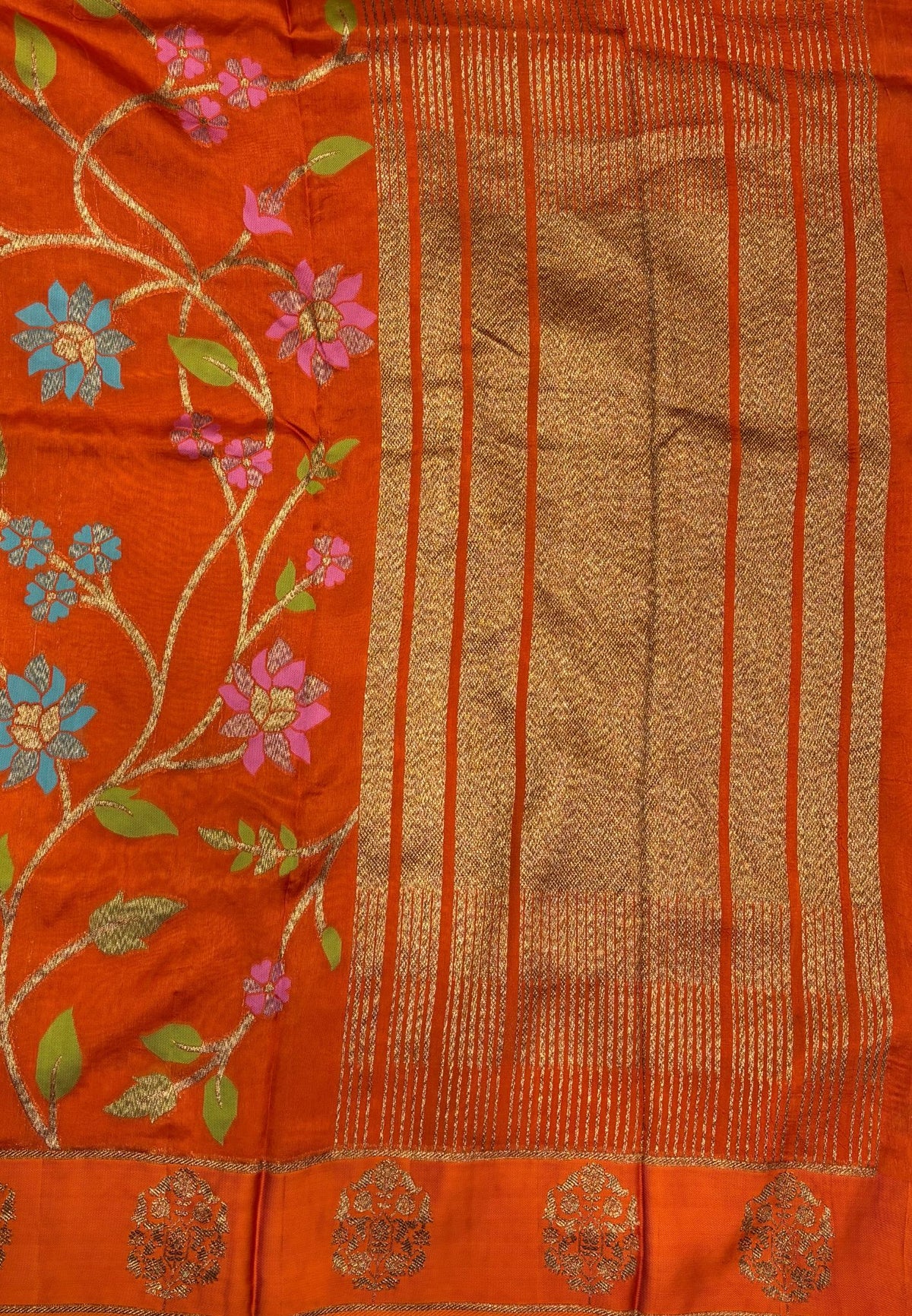 Kattan Silk Saree-Rust Orange in Floral Vine Zari Border