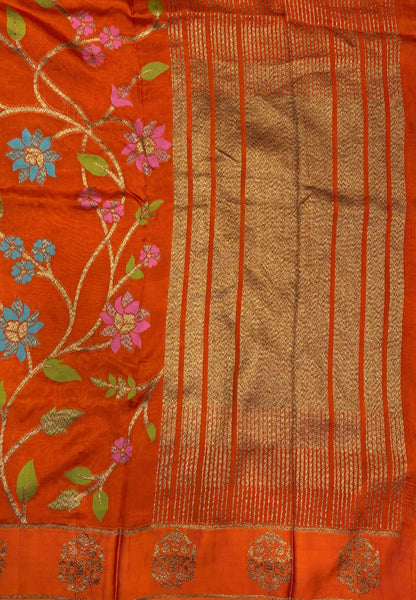 Kattan Silk Saree-Rust Orange in Floral Vine Zari Border