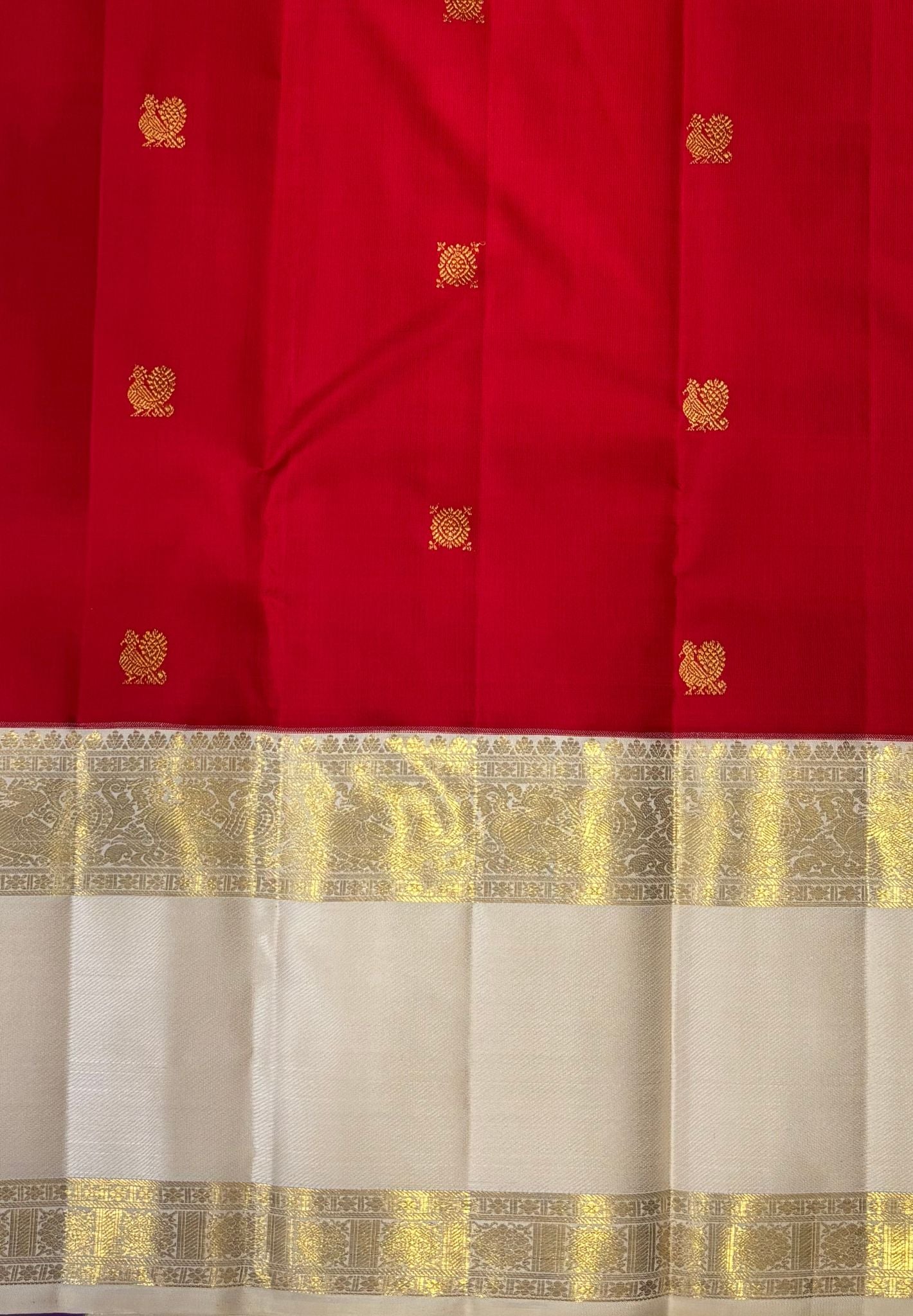 Pure Kanchipuram Silk Saree-Red in Diamond Jaali Zari with Contrast Border