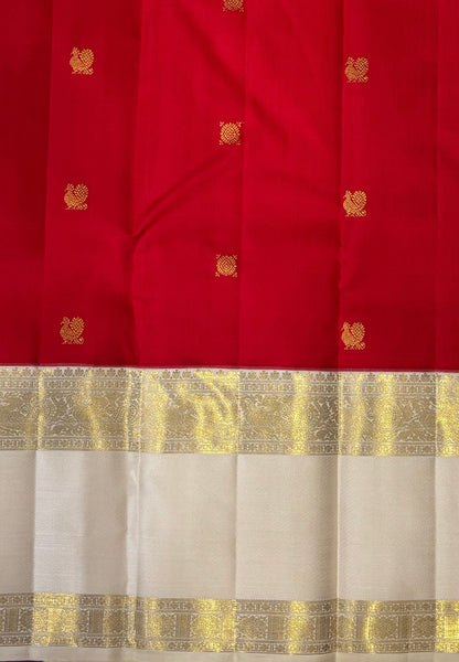 Pure Kanchipuram Silk Saree-Red in Diamond Jaali Zari with Contrast Border