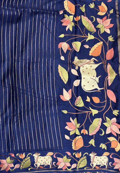 Tussar Saree-Blue with Zari Stripes in Pichwai Embroidery Border