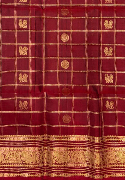 Pure Kanchipuram Silk Saree-Red in Checkered Mayil Chakram with Varisapet Border