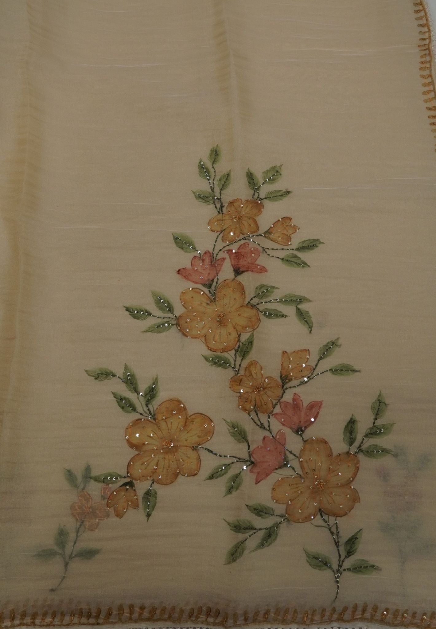 Crush Organza Saree-Beige with French Knot