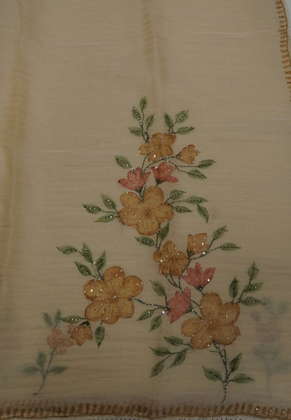 Crush Organza Saree-Beige with French Knot