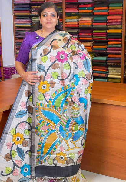 Pure Tussar Saree-Beige and Multicolour Floral Vine Print Pattern