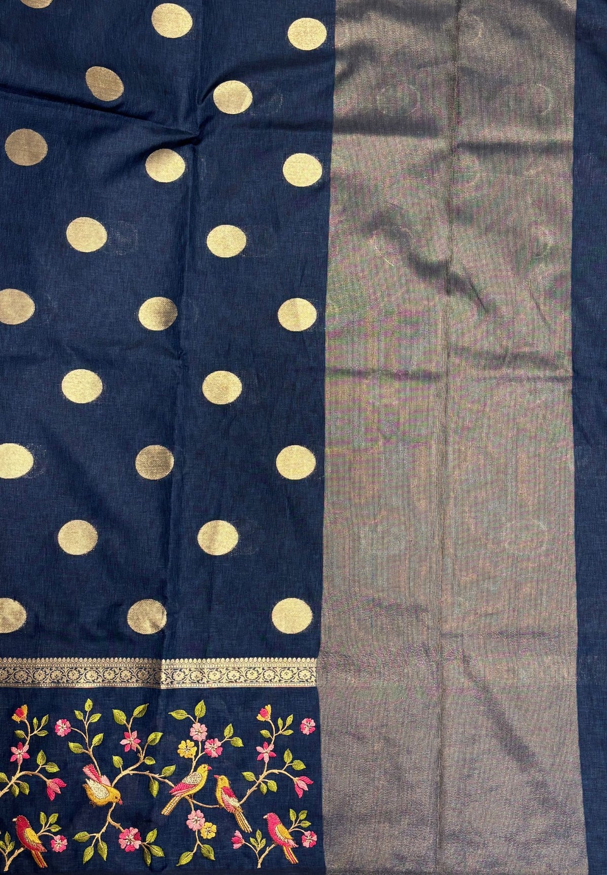 Tussar Saree-Peacock Blue In Bird & Floral Border