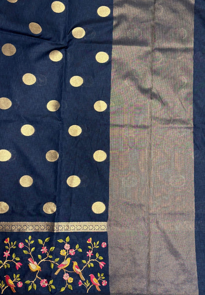Tussar Saree-Peacock Blue In Bird & Floral Border