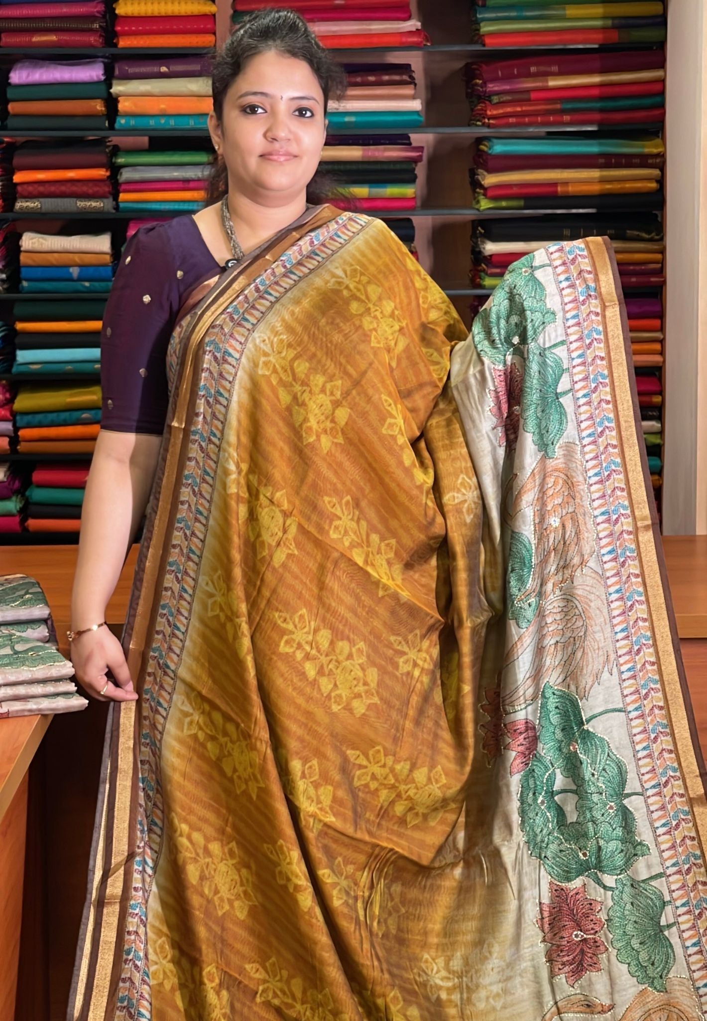 Malai cotton Saree-Mustard with Kutch Work
