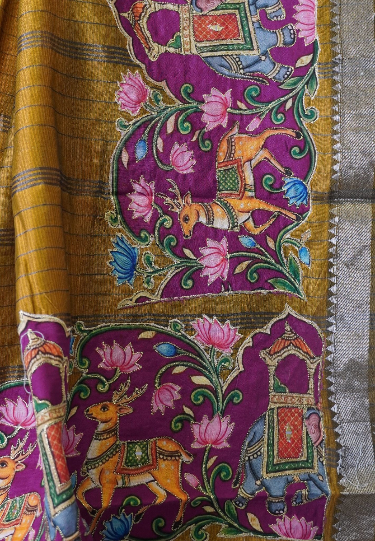 Pure Mangalgiri Silk Saree- Golden Green with Appliqué Work
