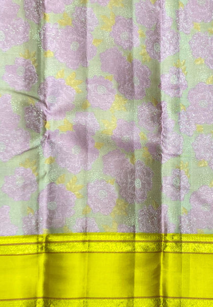 Pure Kanchipuram Silk Saree-Biege with Floral -Yellow Retapet border