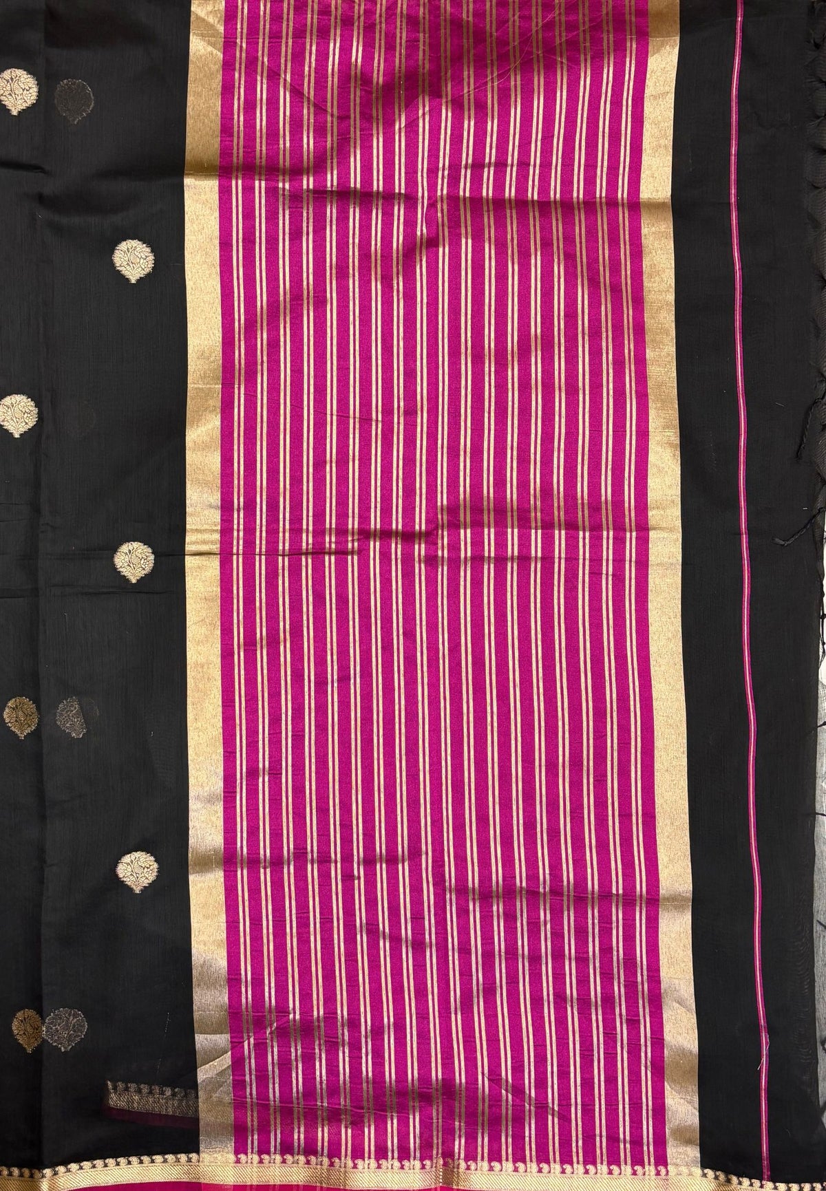 Semi Maheswari Saree-Black In Golden Stripe Border