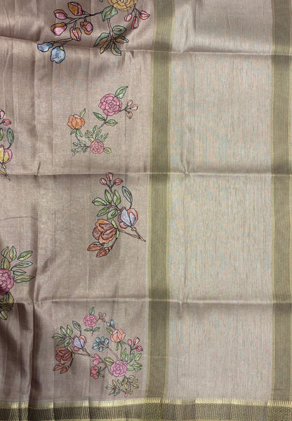 Tussar Saree-Beige in Rose Floral Pattern Border