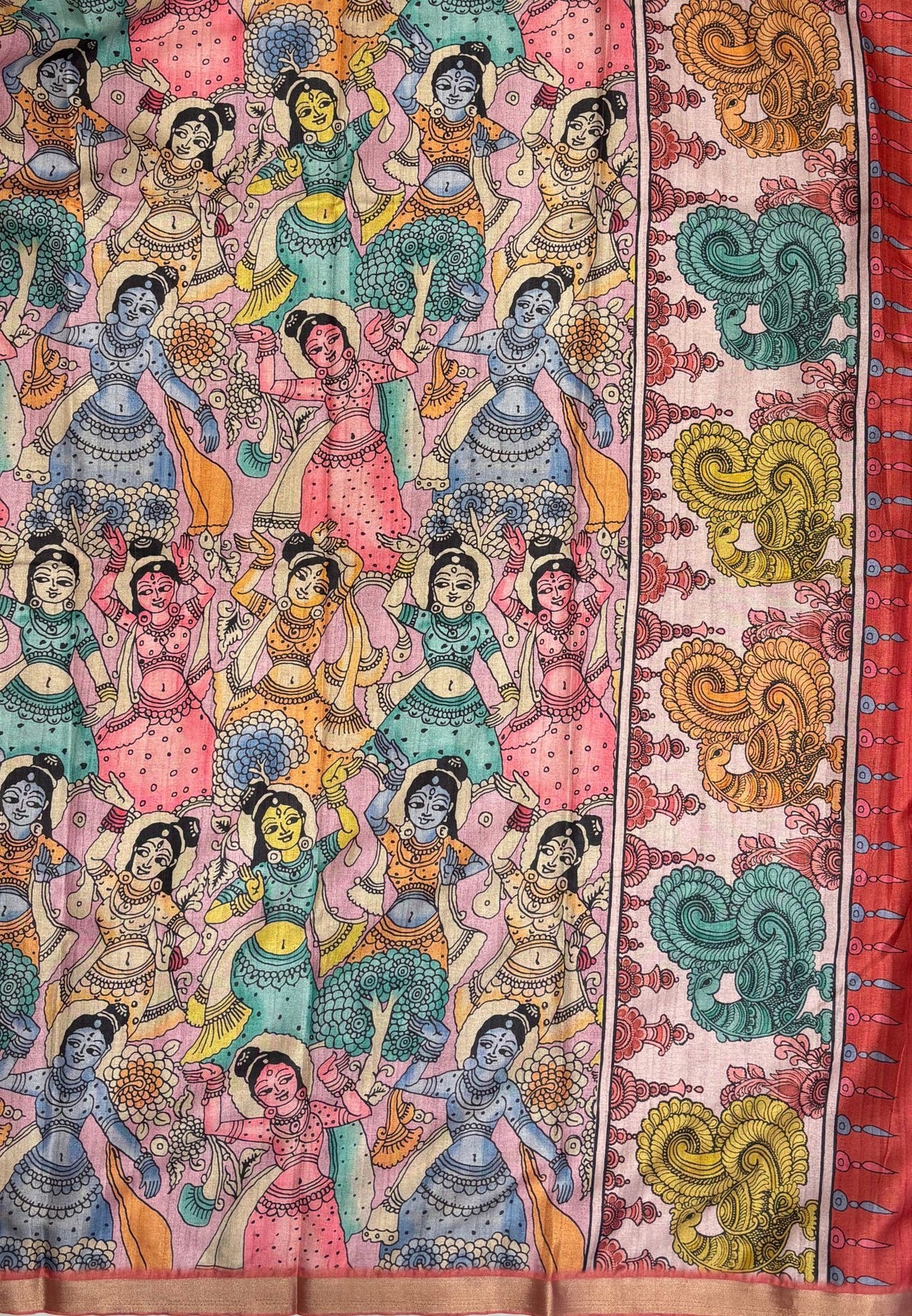 Semi Tussar Coral Saree-Red In Kalamkari Peacock Border