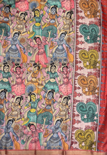 Semi Tussar Coral Saree-Red In Kalamkari Peacock Border