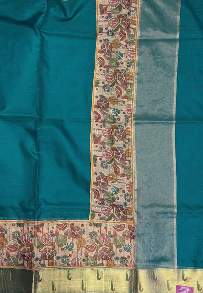 Silk Kota Saree-Peacock Green In Kalamkari Embroidery Border