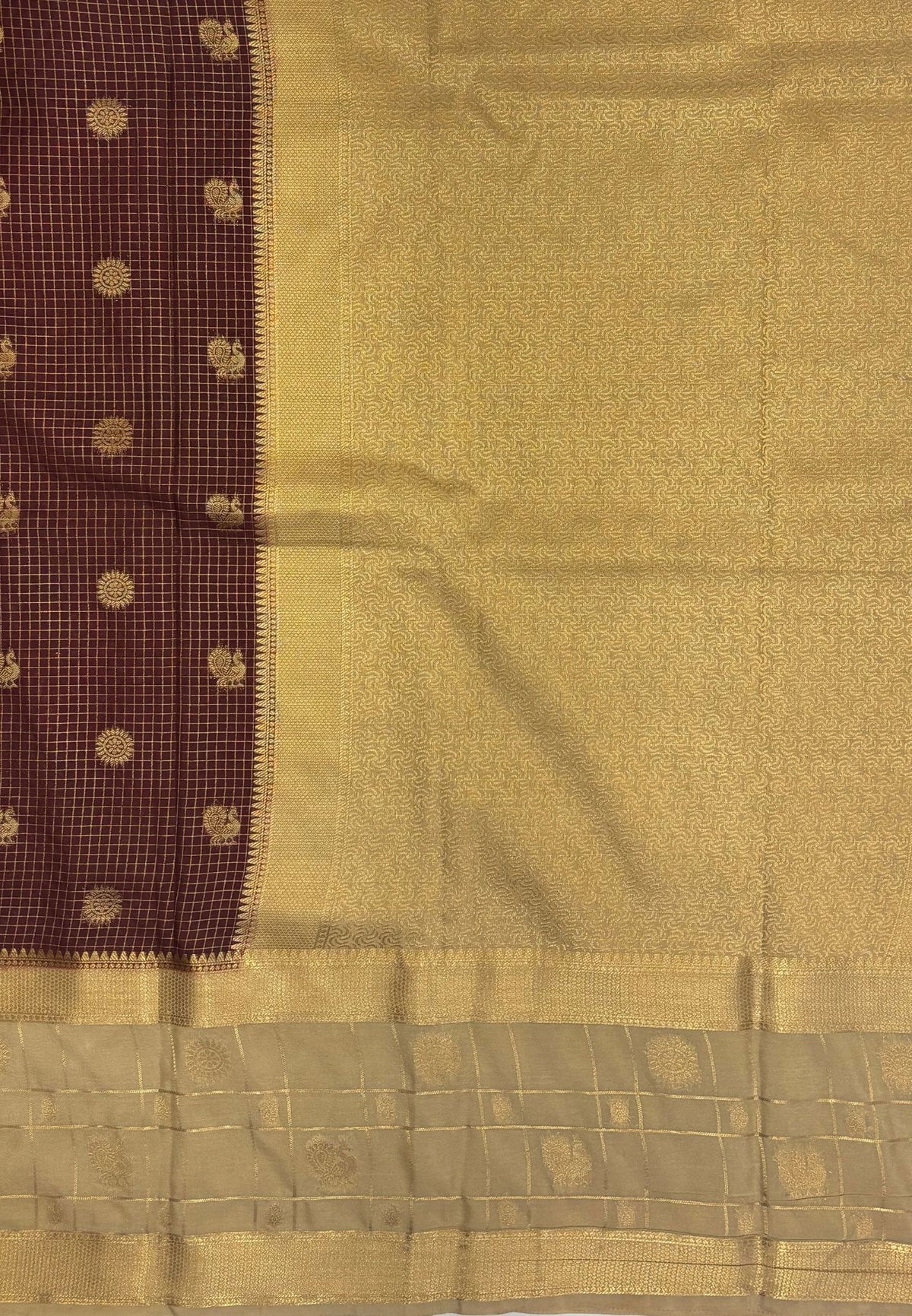 Art Mysore Silk Saree-Brown in Checkered Pattern with Contrast Border