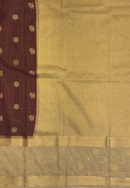 Art Mysore Silk Saree-Brown in Checkered Pattern with Contrast Border
