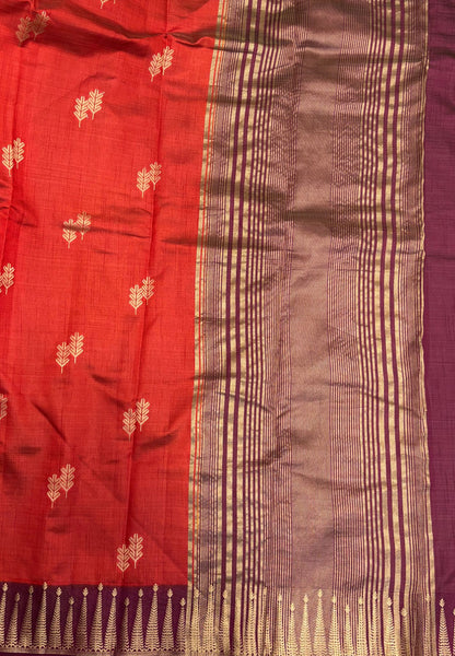 Semi Tussar Saree-Orange in Traditional Striped Zari with Contrast Border