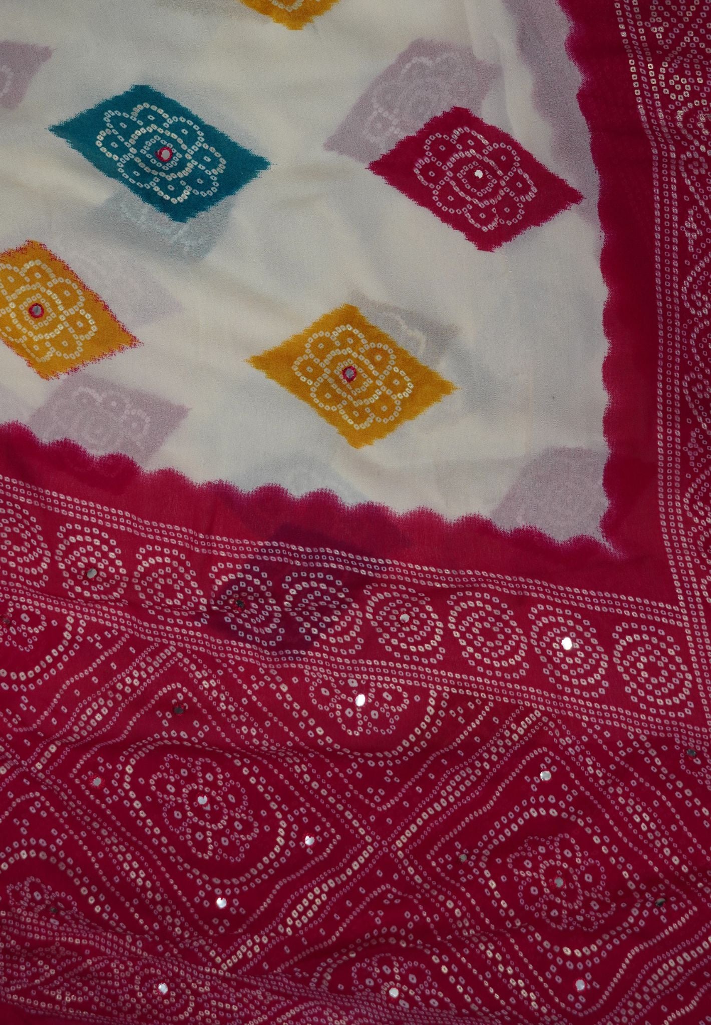 Chiffon Saree – Bandhani Inspired Print with Elegant Border White & Rani Pink