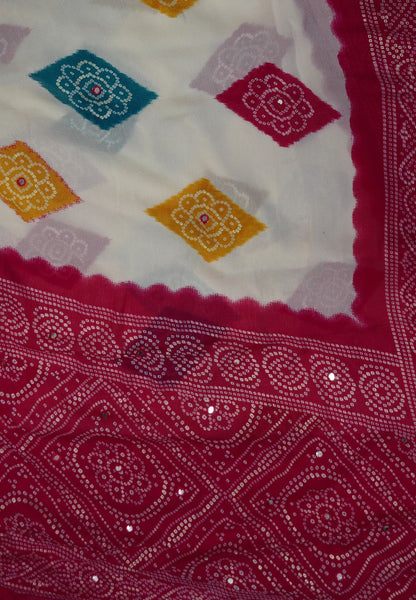 Chiffon Saree – Bandhani Inspired Print with Elegant Border White & Rani Pink