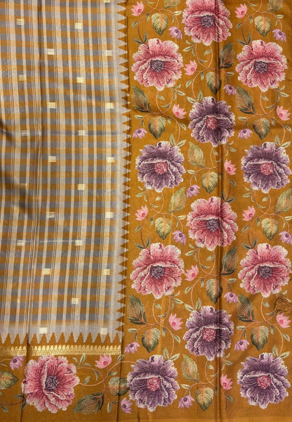 Soft Tussar Saree-Mustard in Floral Garden Border