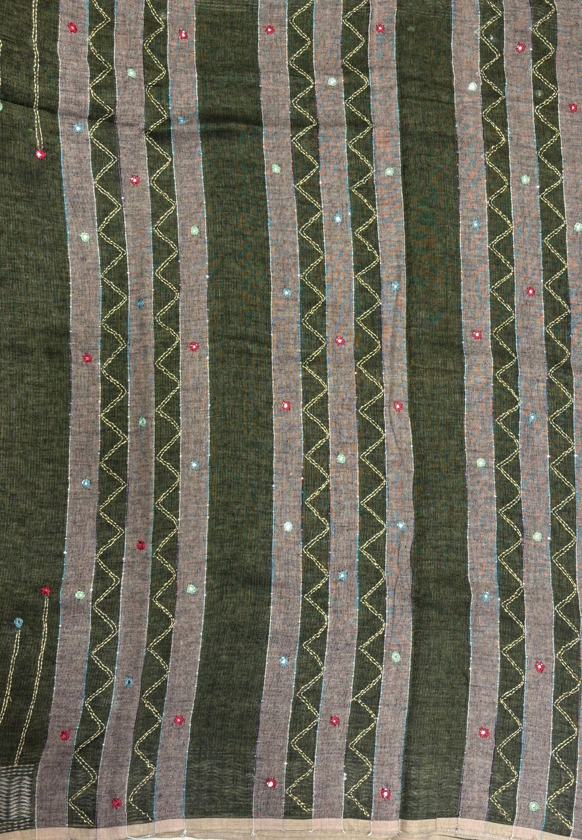 Linen Saree-Sage Green  in Kantha Mirror Work Border