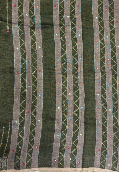 Linen Saree-Sage Green  in Kantha Mirror Work Border
