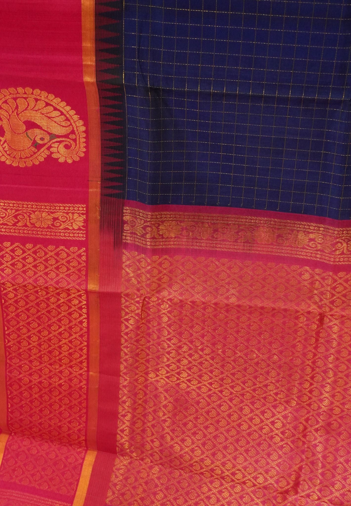 Silk Cotton Saree-Navy blue with Zari Checks