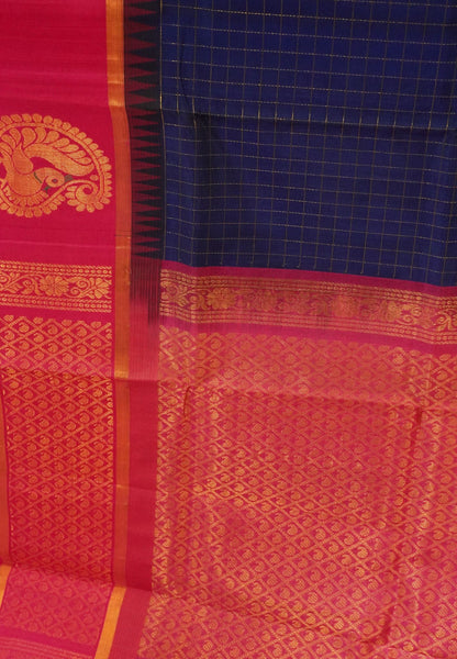 Silk Cotton Saree-Navy blue with Zari Checks