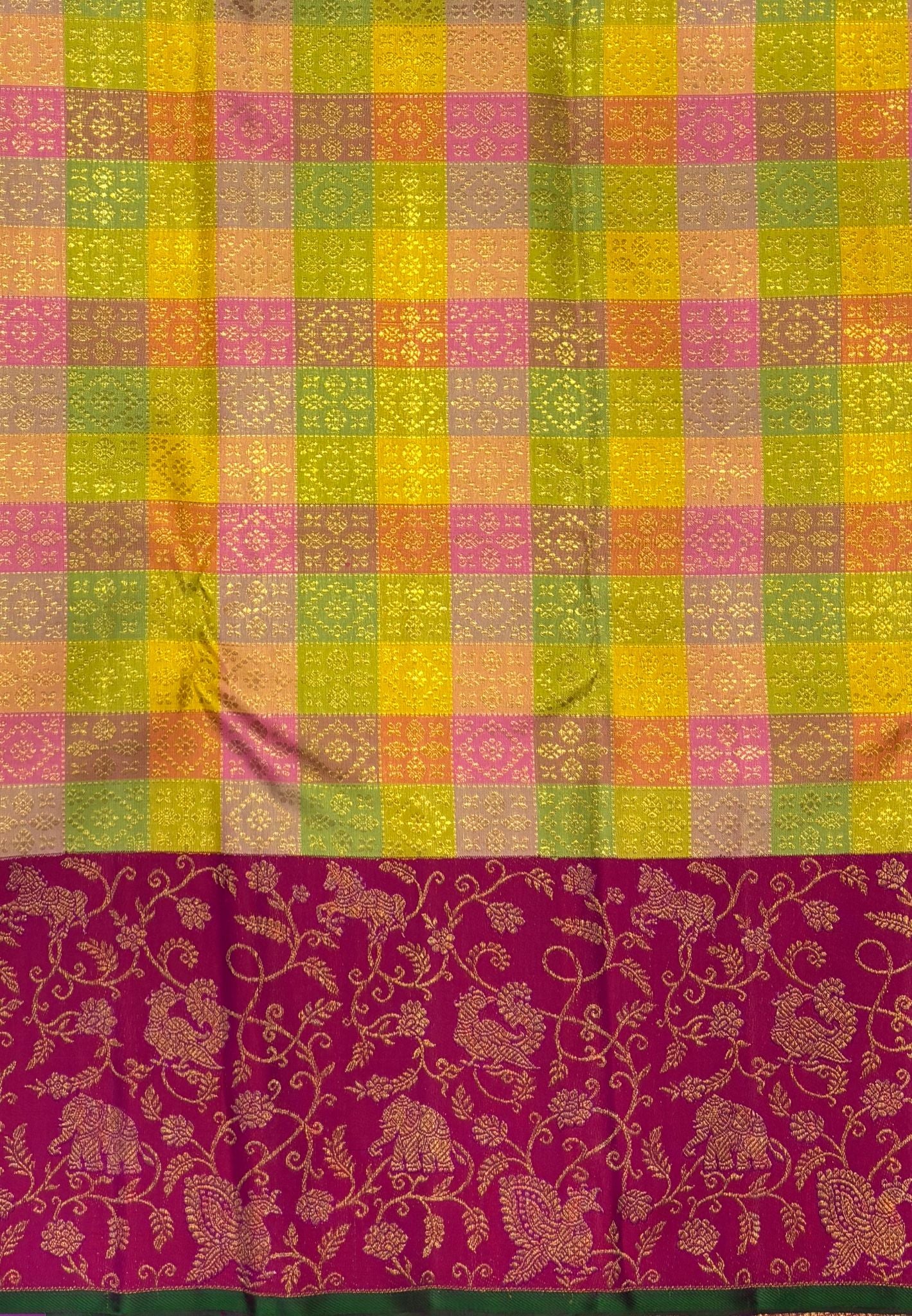 Pure Kanchipuram Silk-Multi Color in Peacock & Elephant Floral Zari Border