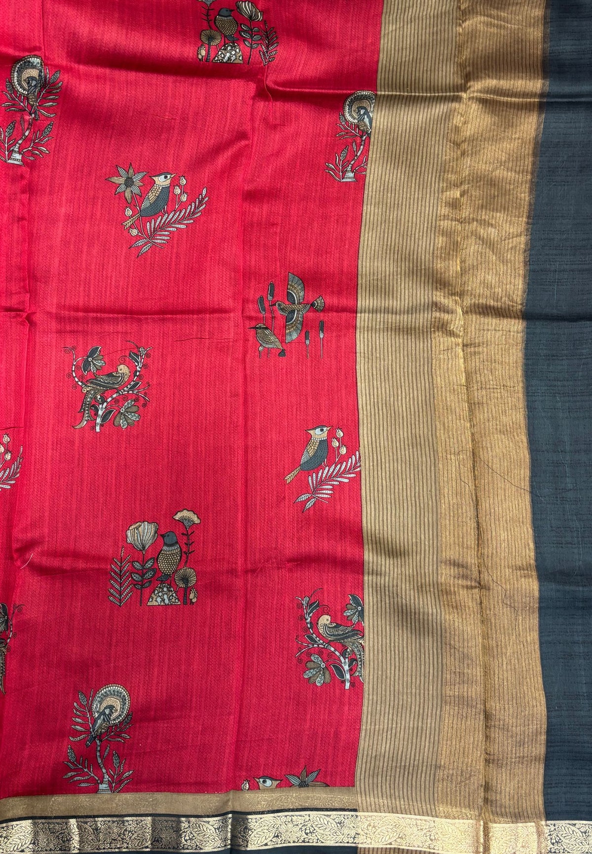 Chanderi Saree-kungumam Red in Traditional Bird Motif Border