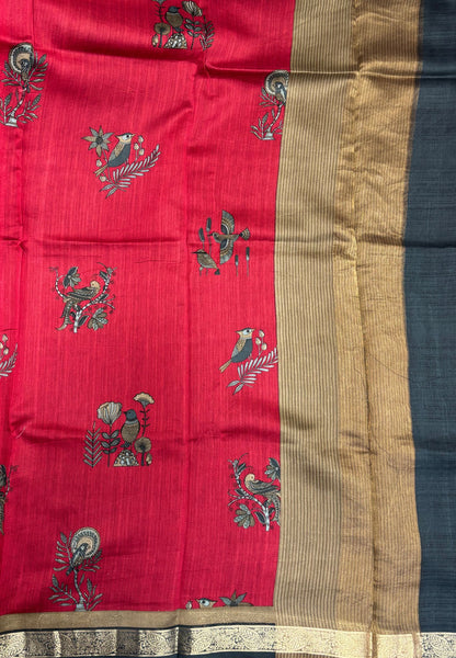 Chanderi Saree-kungumam Red in Traditional Bird Motif Border