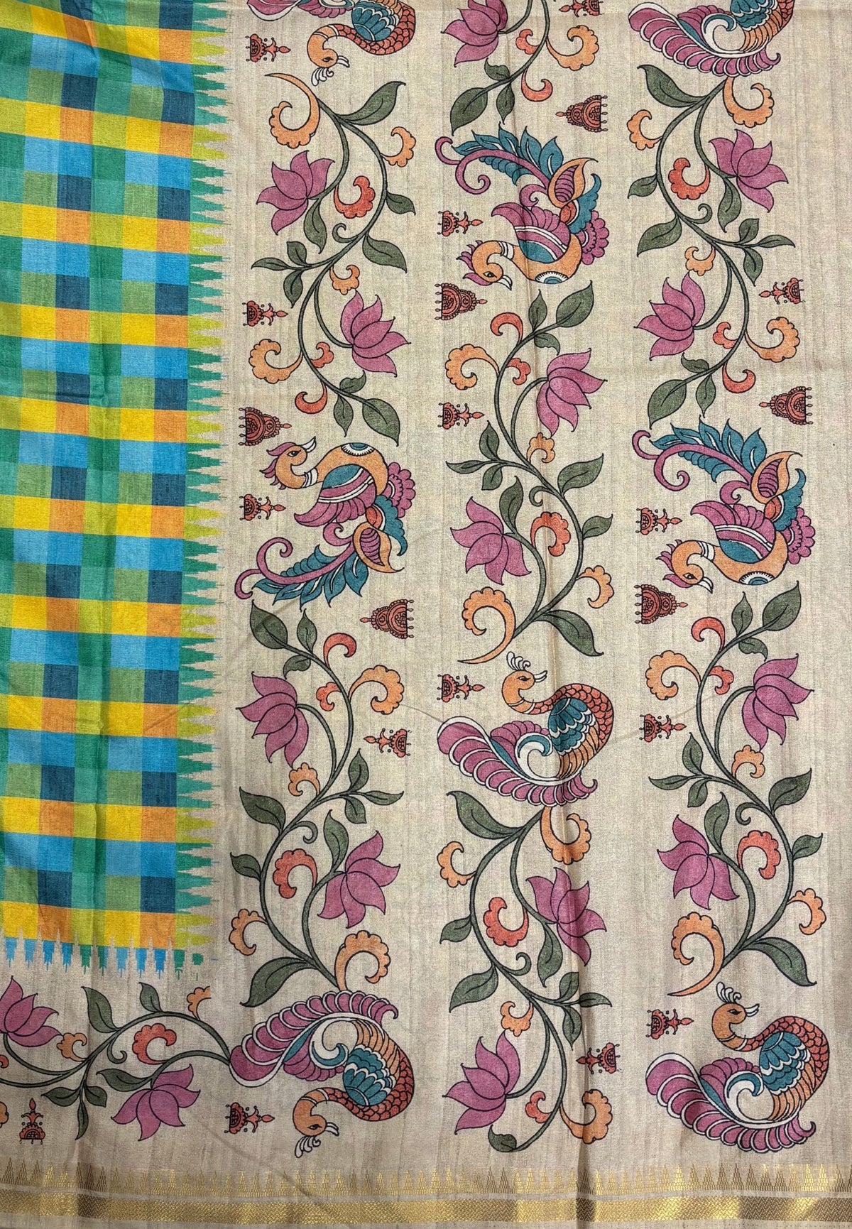 Semi Tussar Saree-Green in Madras Checks with Peacock Floral Border