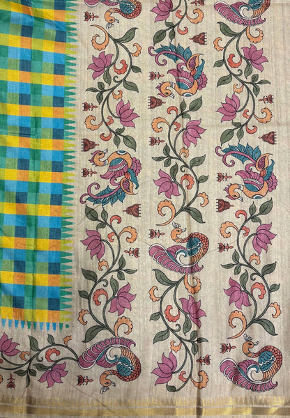 Semi Tussar Saree-Green in Madras Checks with Peacock Floral Border